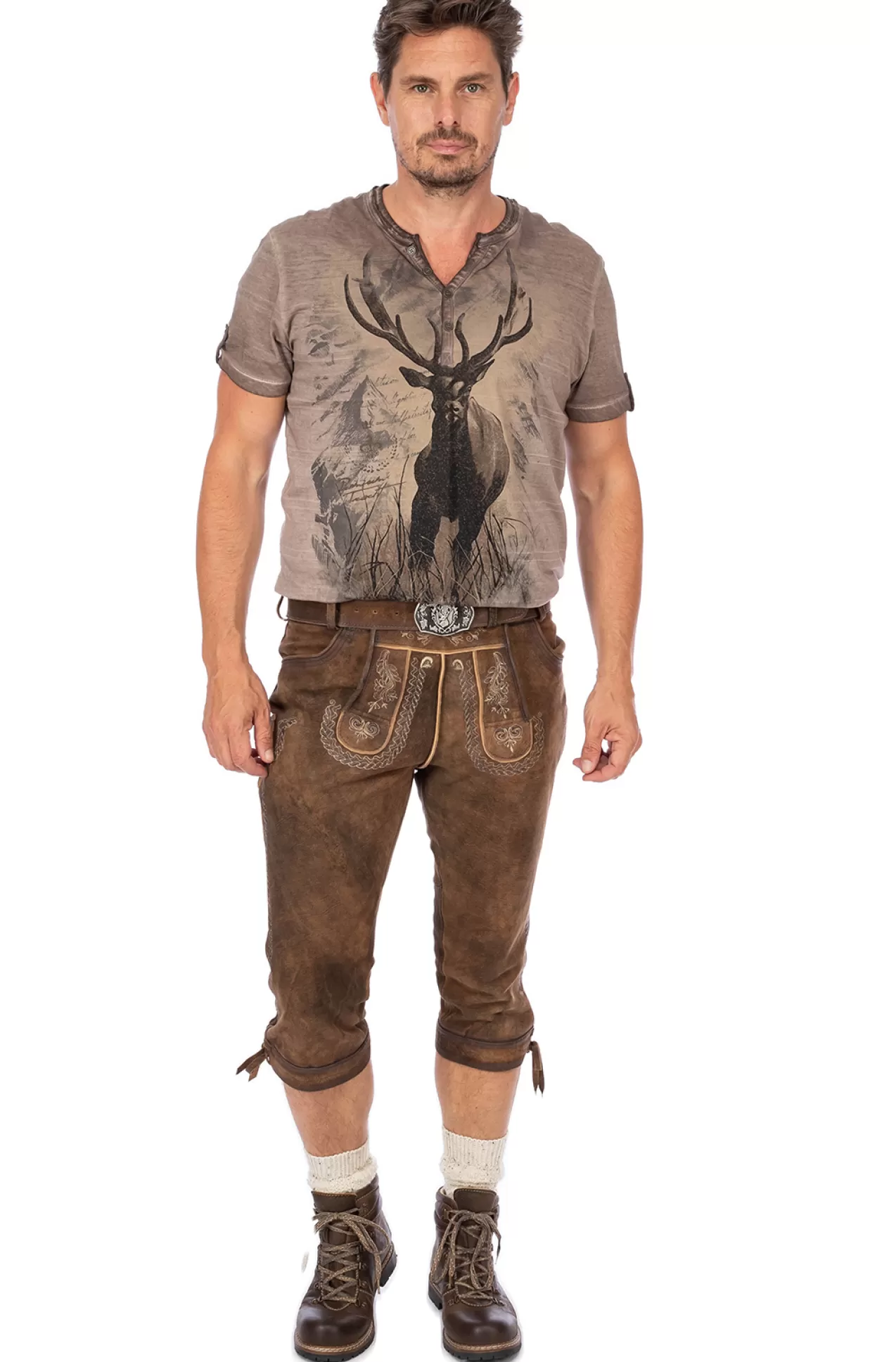 Gwandler Lederhose Kniebund Mit Gurtel Michelbach Nuss Gespeckt*Herren Lederhosen & Hosen