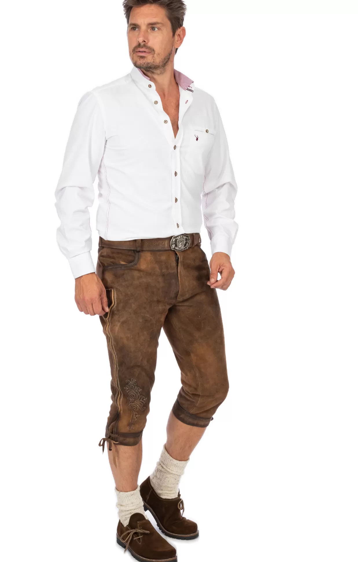 Gwandler Lederhose Kniebund Mit Gurtel Seefeld Tabak Gespeckt*Herren Lederhosen & Hosen