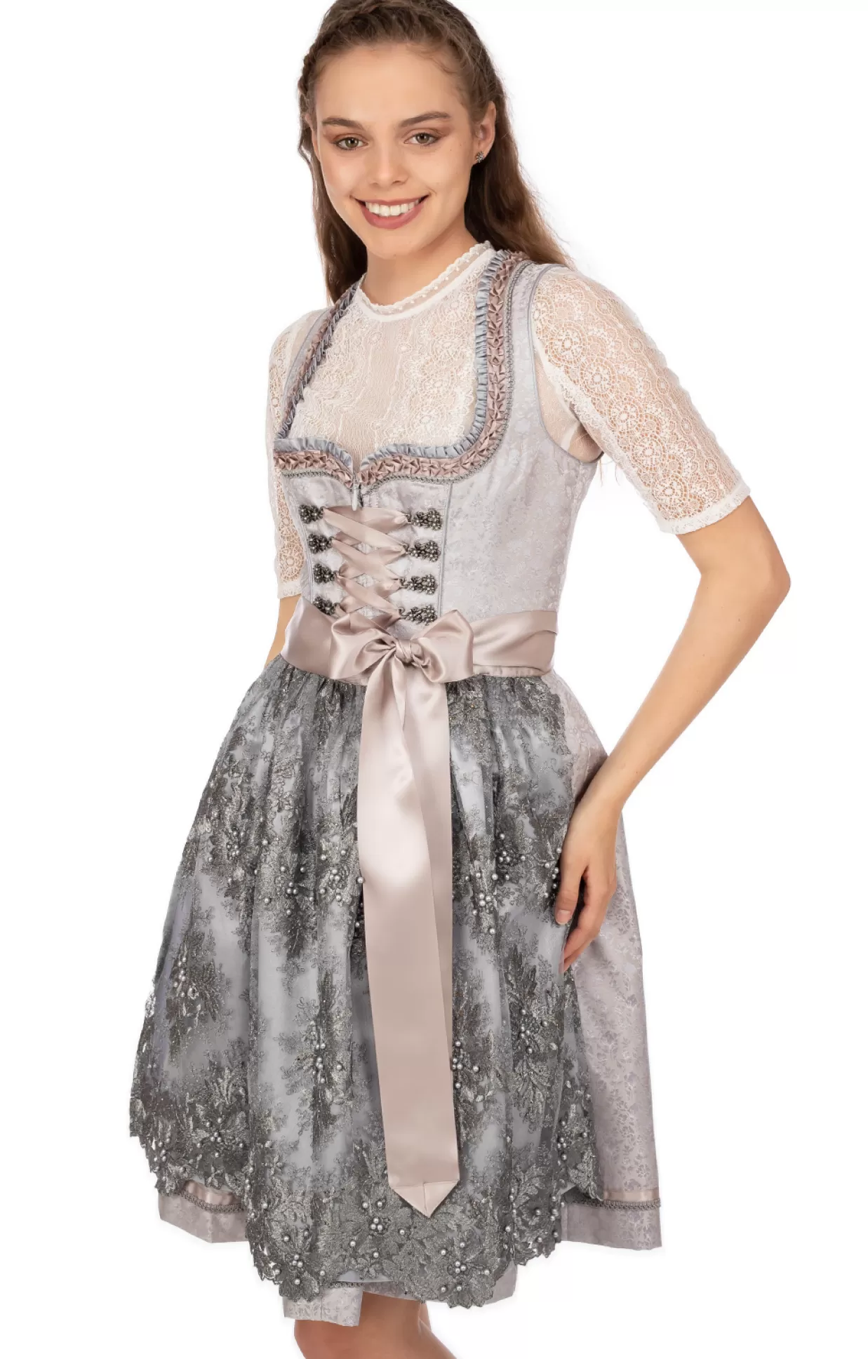 Krüger Dirndl Kruger Dirndl Mini Dirndl 2Tlg. 50Cm Nessa Hellgrau*Damen Dirndl