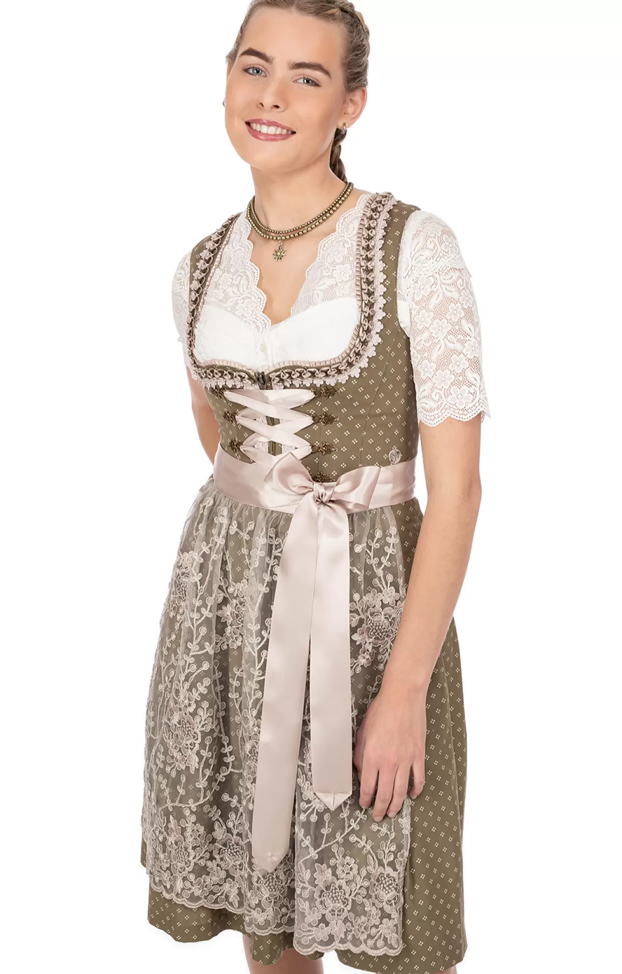 Marjo Midi Dirndl 2Tlg. 58Cm Lea Olive Taupe*Damen Dirndl