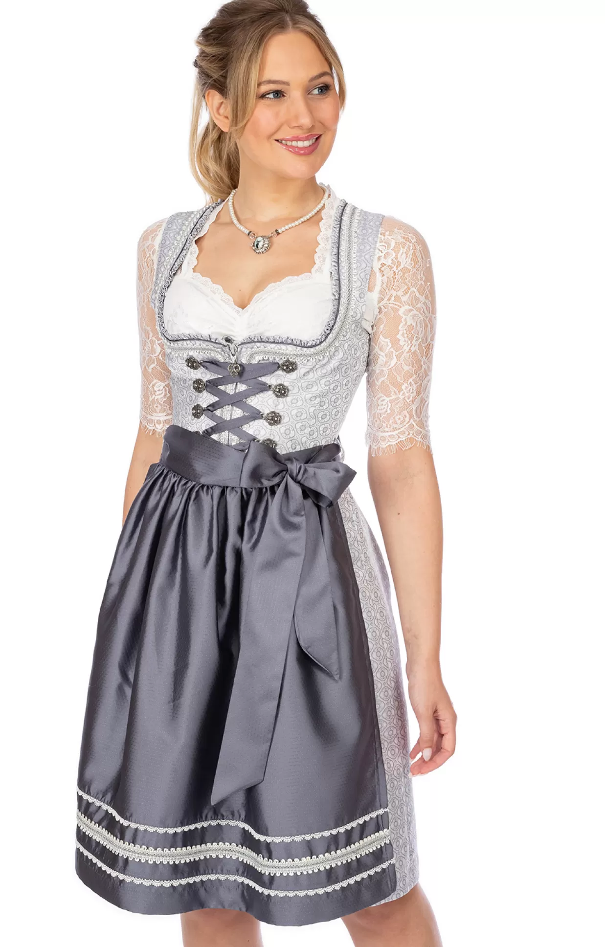 Marjo Midi Dirndl 2Tlg. 58Cm Viviane Silber-Bleu*Damen Dirndl