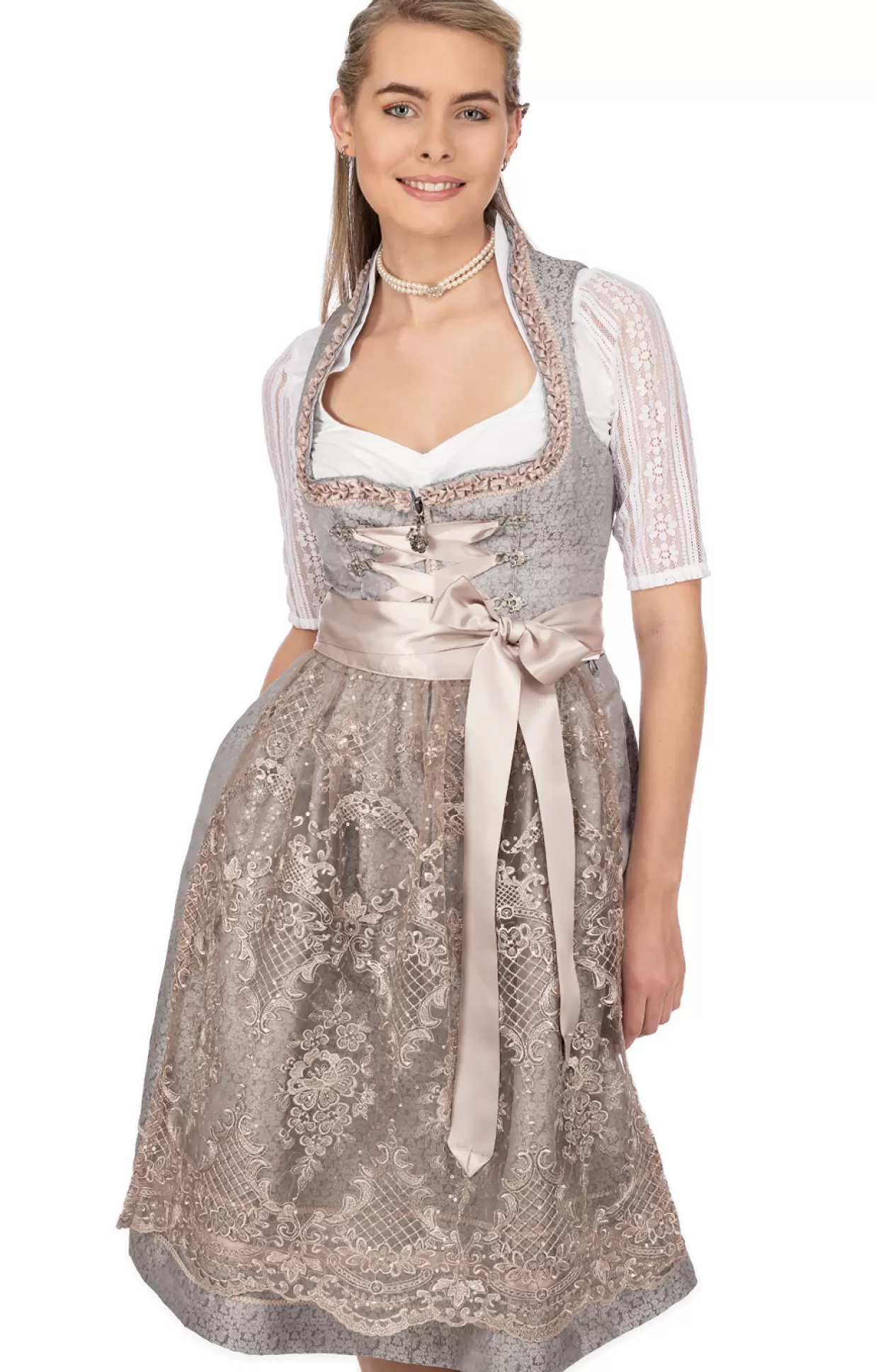 Marjo Midi Dirndl 2Tlg. 65Cm Adele Silber Nutria*Damen Dirndl