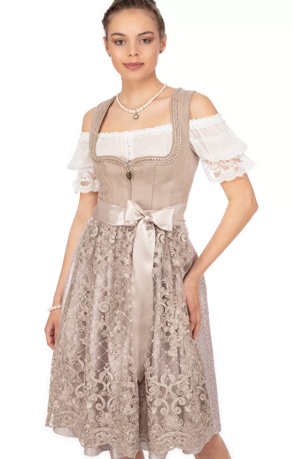 Marjo Midi Dirndl 2Tlg. 65Cm Gabi Taupe Puder*Damen Dirndl