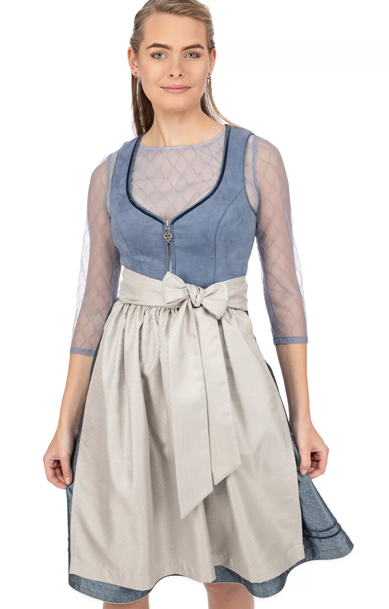 Marjo Midi Dirndl 2Tlg. 65Cm Holly Taubenblau Silber*Damen Dirndl