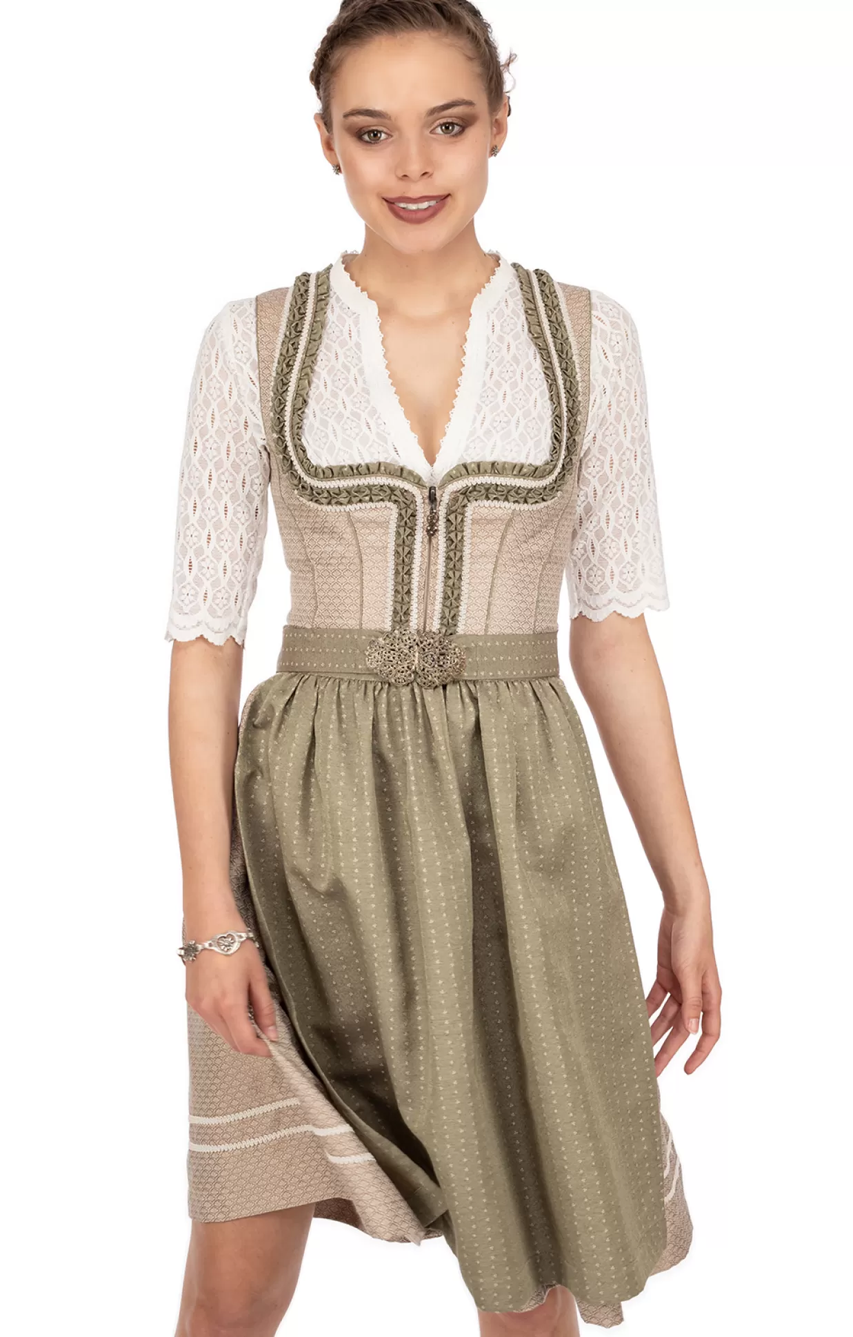 Marjo Midi Dirndl 2Tlg. 65Cm Leni Champagner Salbei*Damen Dirndl