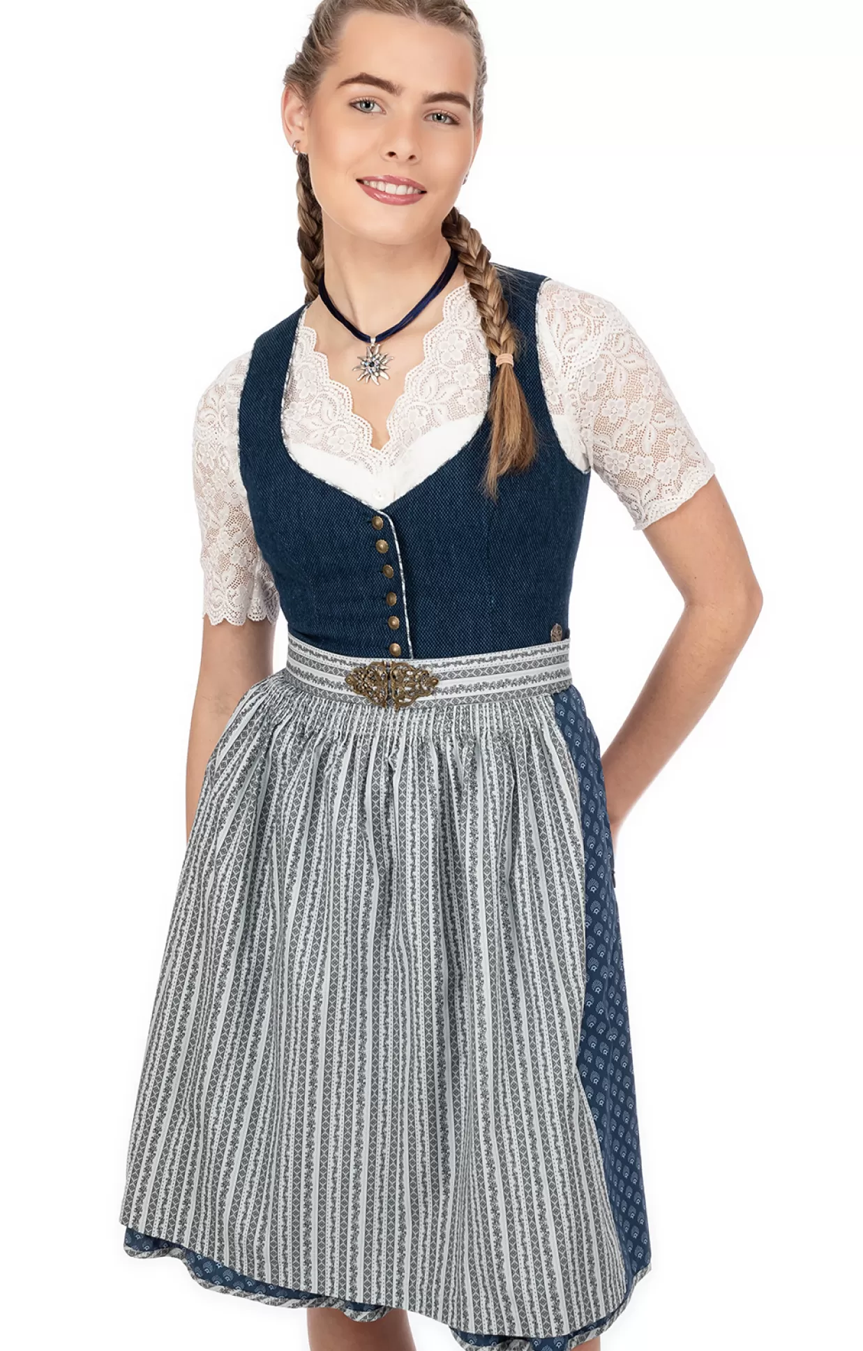 Marjo Midi Dirndl 2Tlg. 65Cm Romy Rauchblau*Damen Dirndl