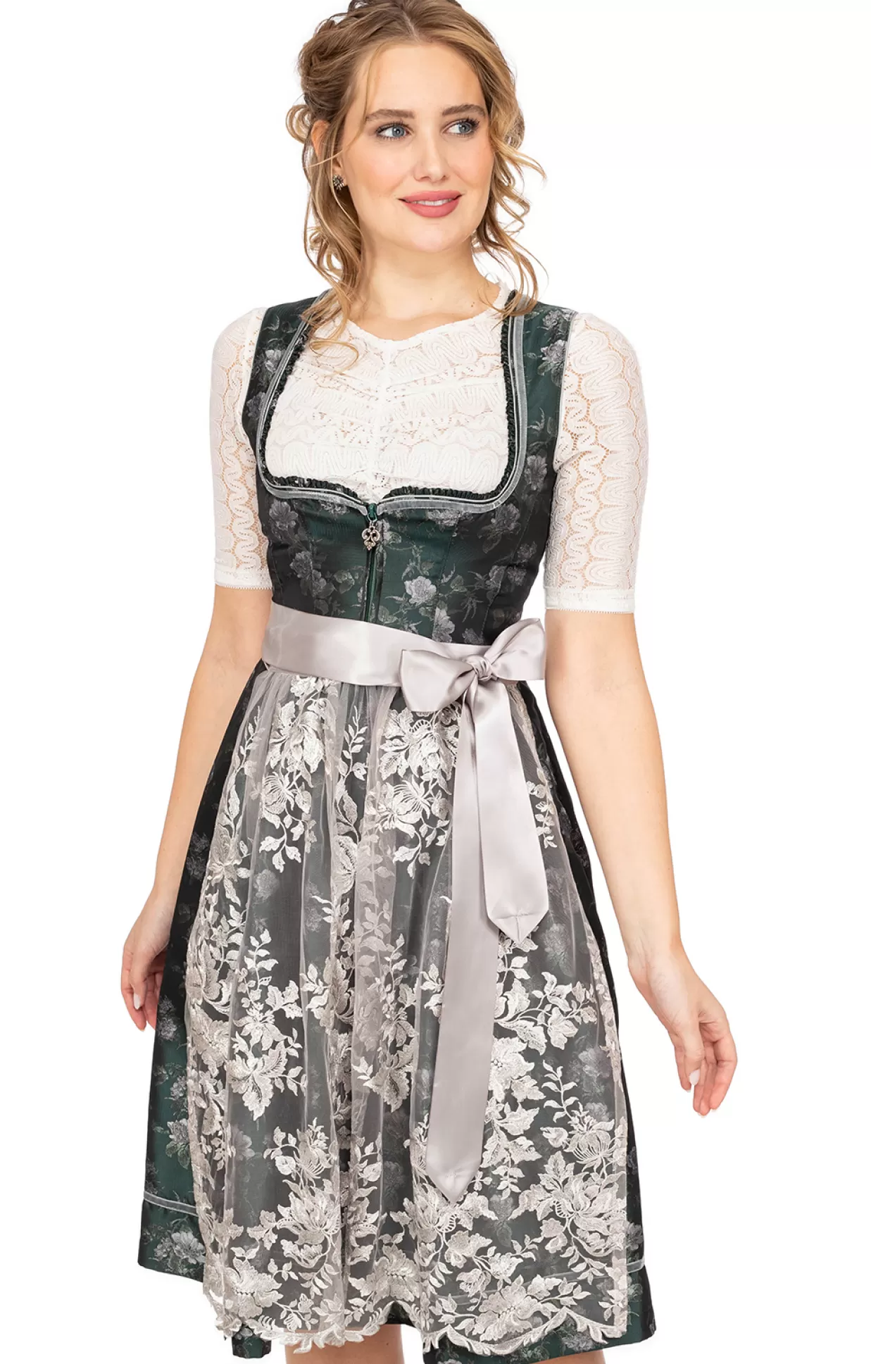 Marjo Midi Dirndl 2Tlg. 65Cm Vanessa Grun Silber*Damen Dirndl