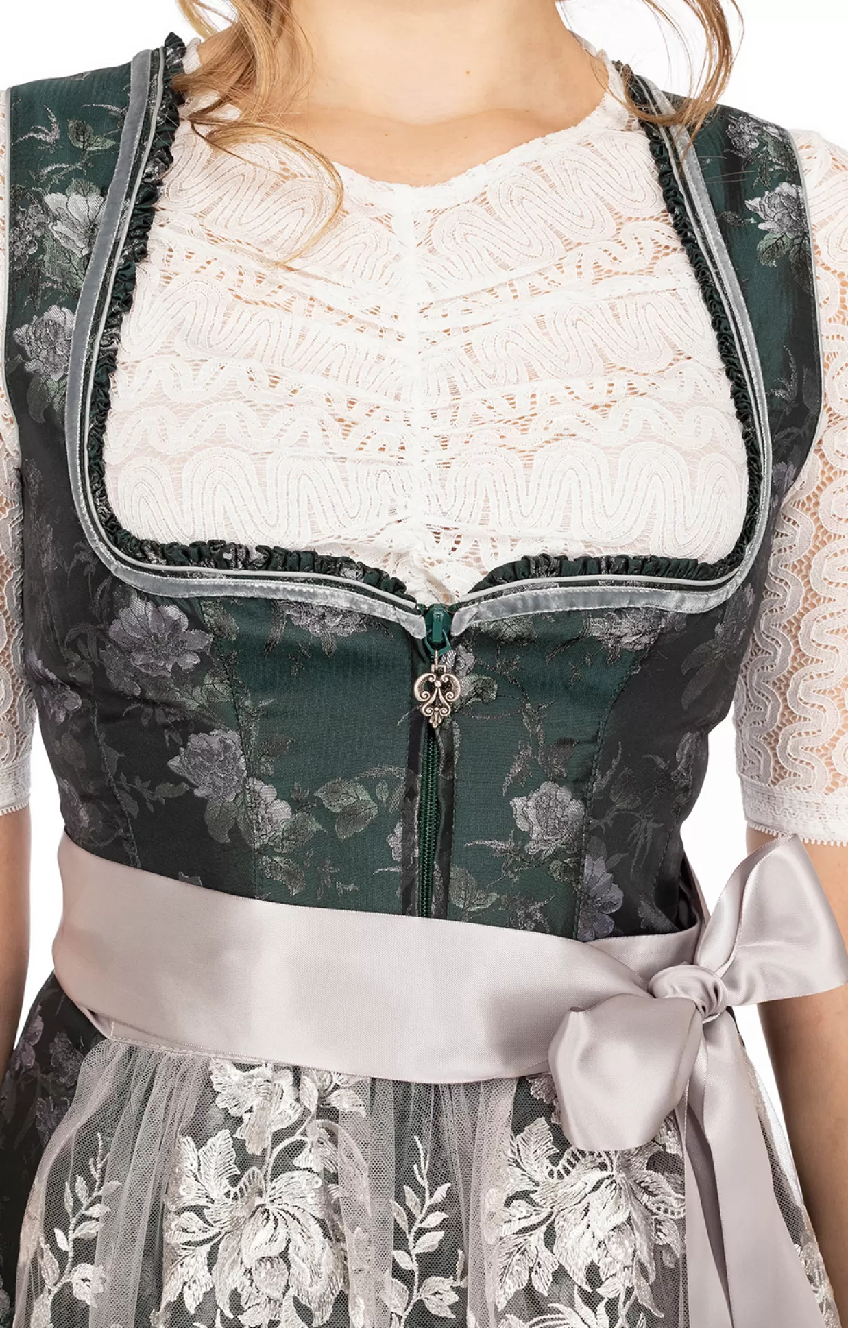 Marjo Midi Dirndl 2Tlg. 65Cm Vanessa Grun Silber*Damen Dirndl