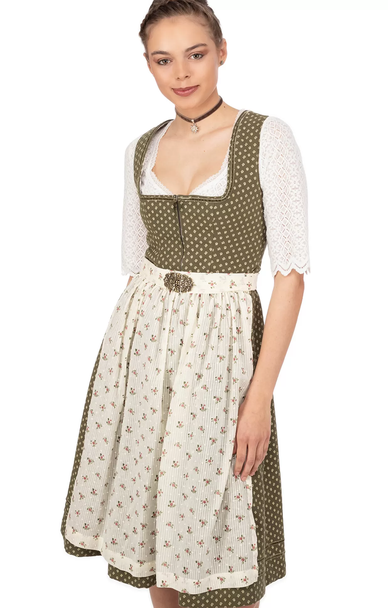 Marjo Midi Dirndl 2Tlg. 68Cm Isolde Gruencreme*Damen Dirndl