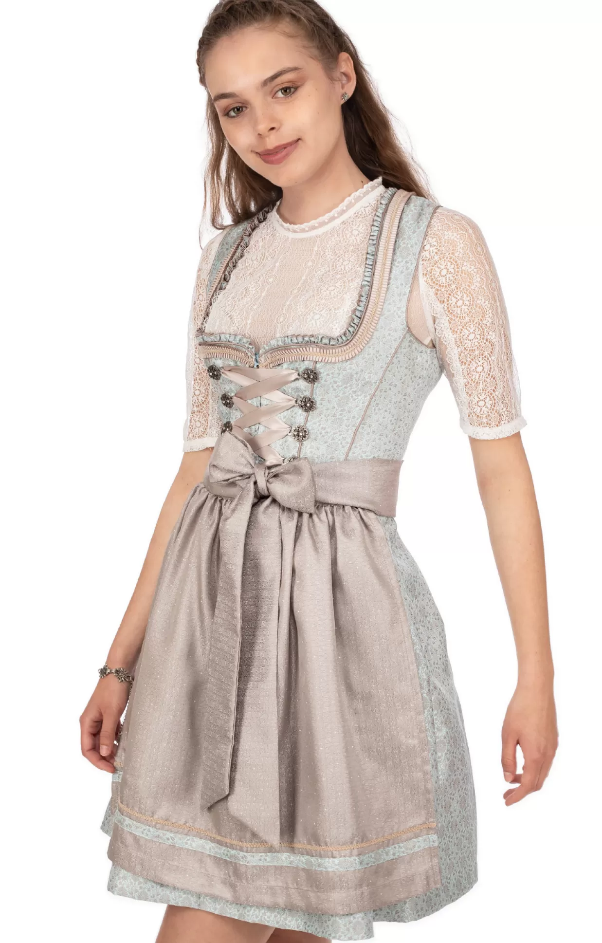 Marjo Mini Dirndl 2Tlg. 50Cm Elvina Eisblau Taupe*Damen Dirndl