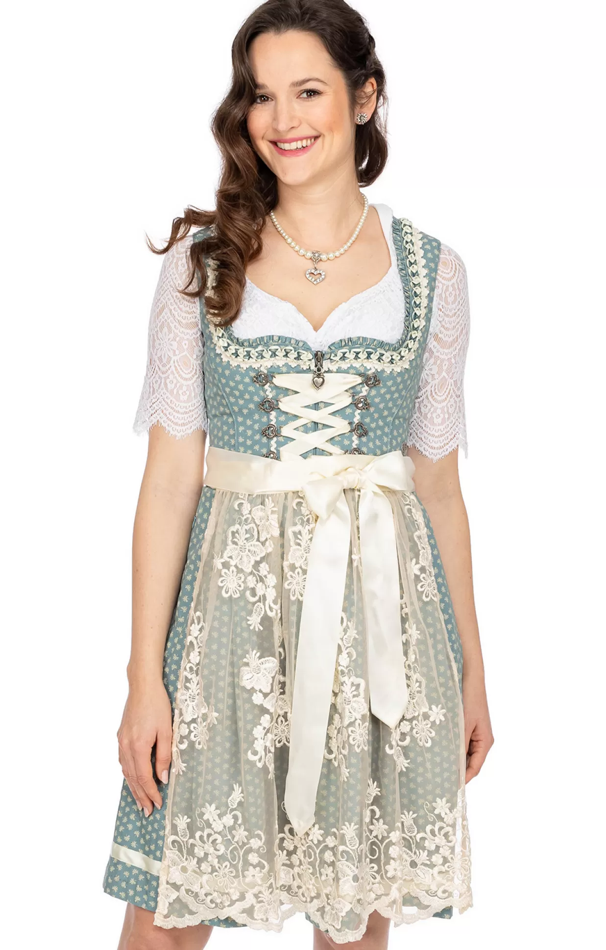 Marjo Mini Dirndl 2Tlg. 58Cm Daria Wasserblau Creme*Damen Dirndl