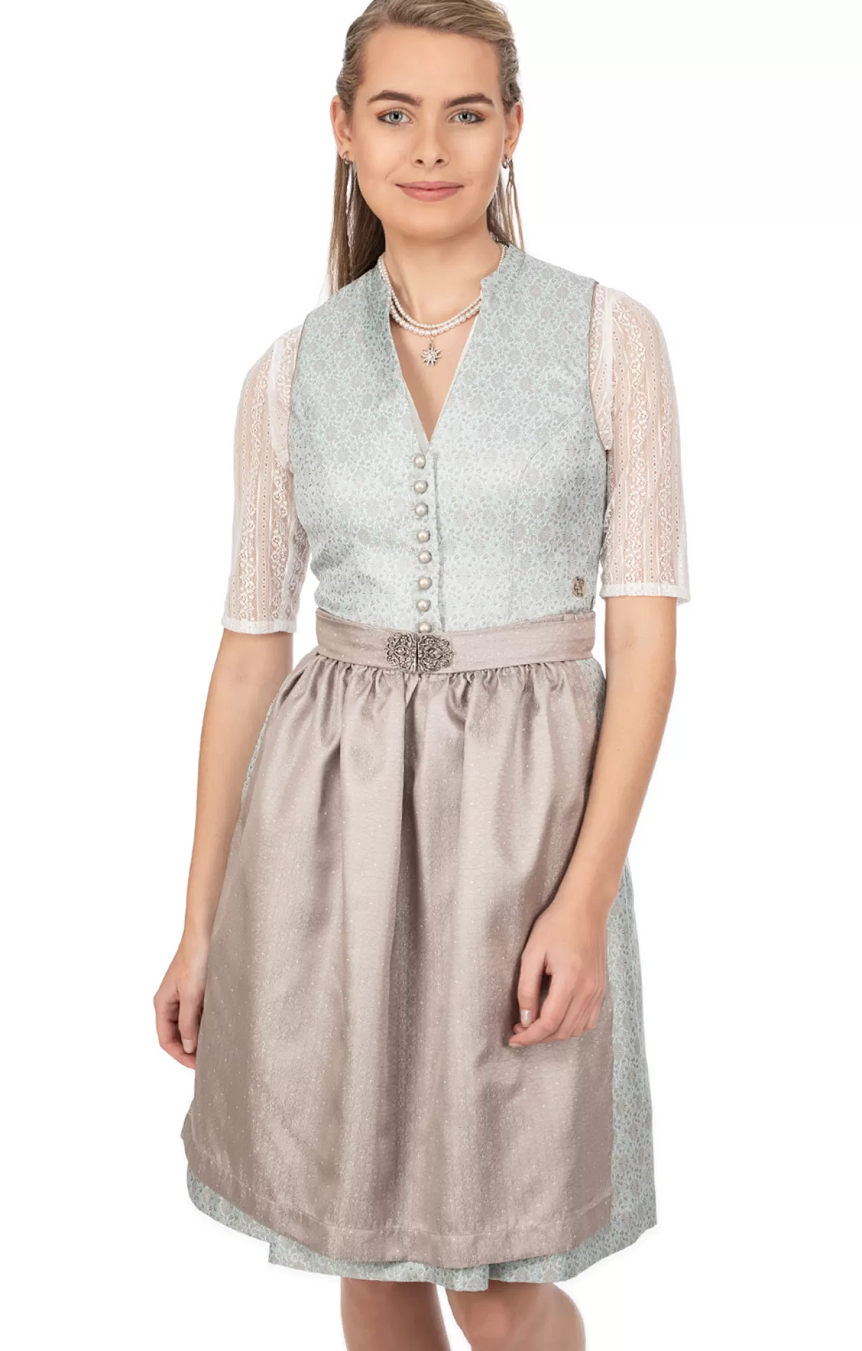 Marjo Mini Dirndl 2Tlg. 58Cm Eden Eisblau Taupe*Damen Dirndl