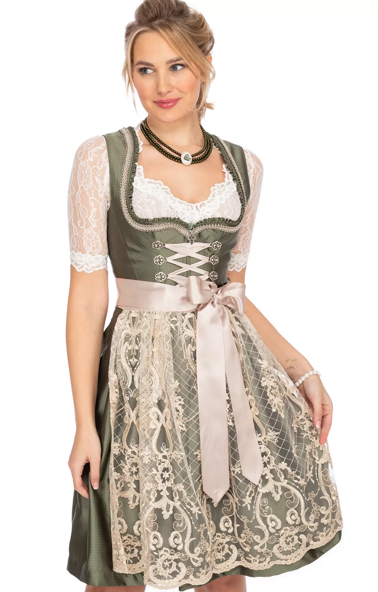 Marjo Mini Dirndl 2Tlg. 58Cm Lotte Grun Creme*Damen Dirndl