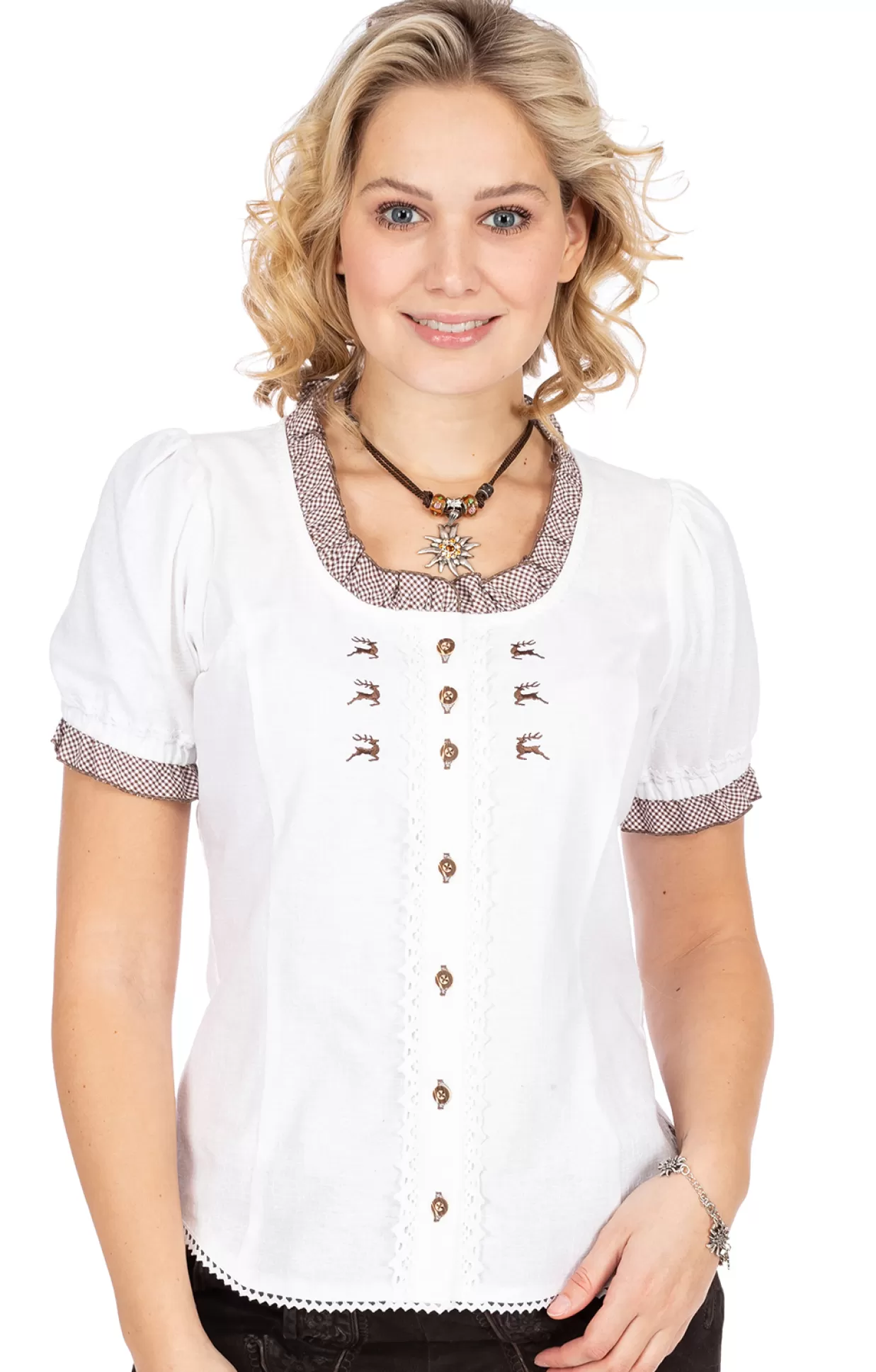 OS-Trachten Bluse Chiemgau Weiss Braun*Damen Oberteile