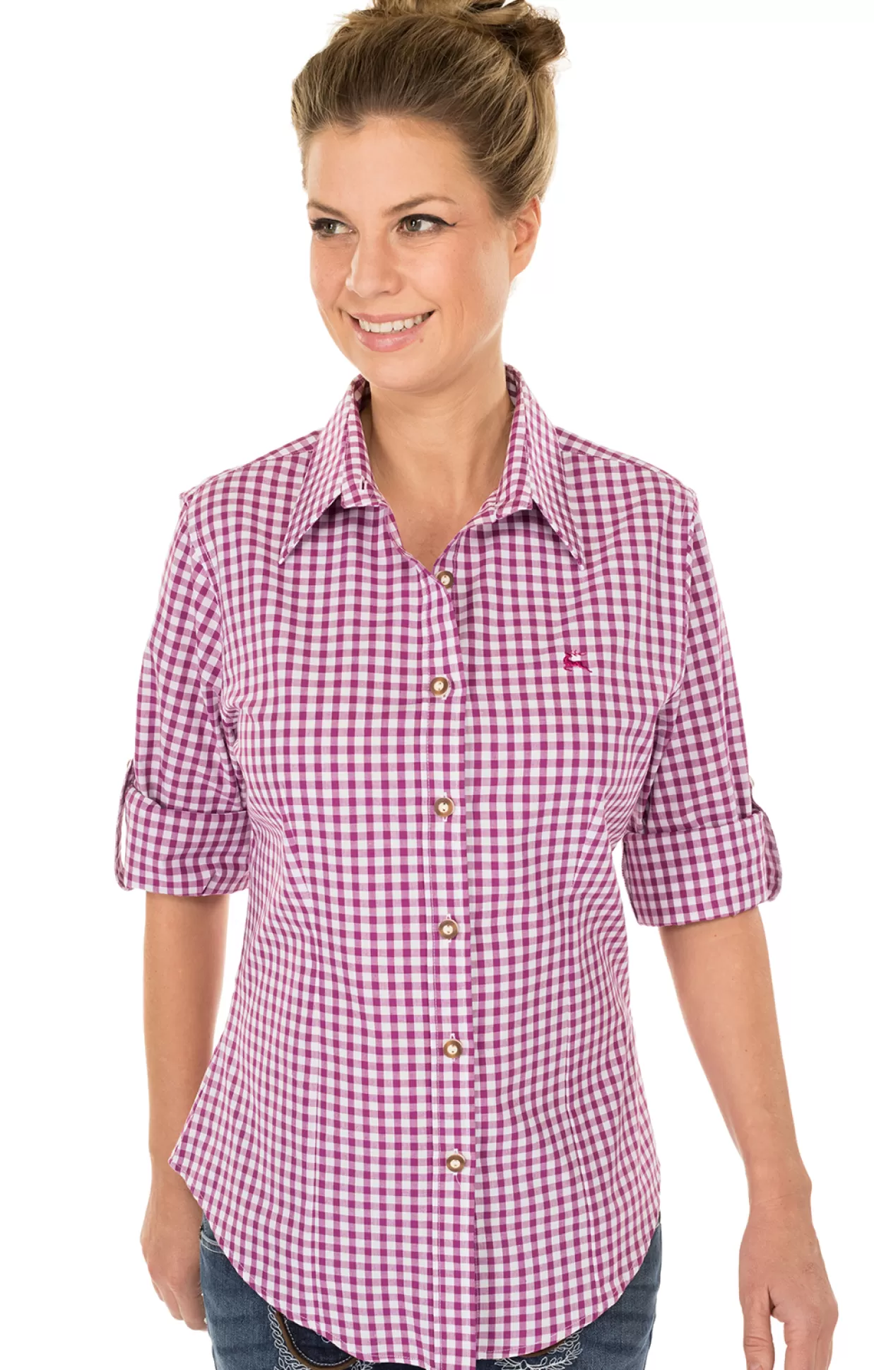 OS-Trachten Trachtenbluse Checkered Langarm Stick Beere*Damen Oberteile