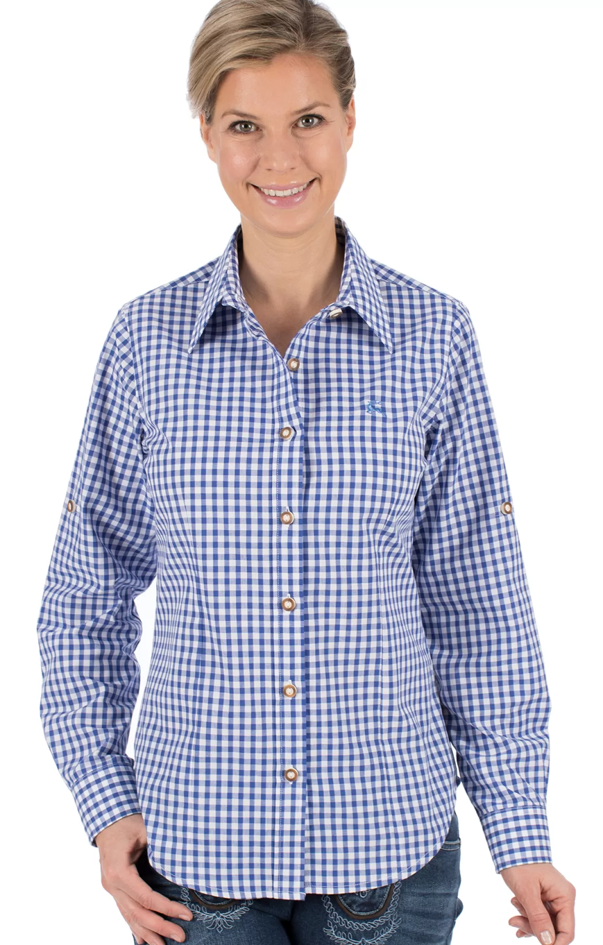 OS-Trachten Trachtenbluse Checkered Langarm Stick Blau*Damen Oberteile