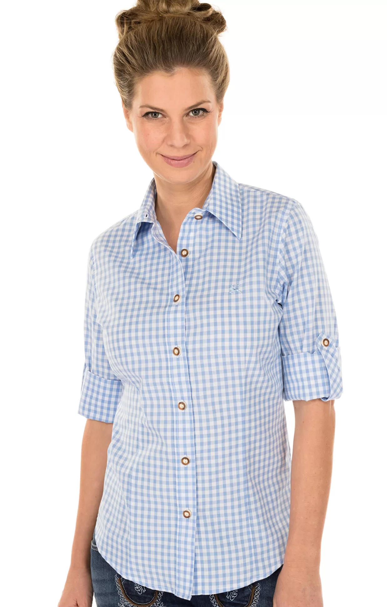 OS-Trachten Trachtenbluse Checkered Langarm Stick Hellblau*Damen Oberteile