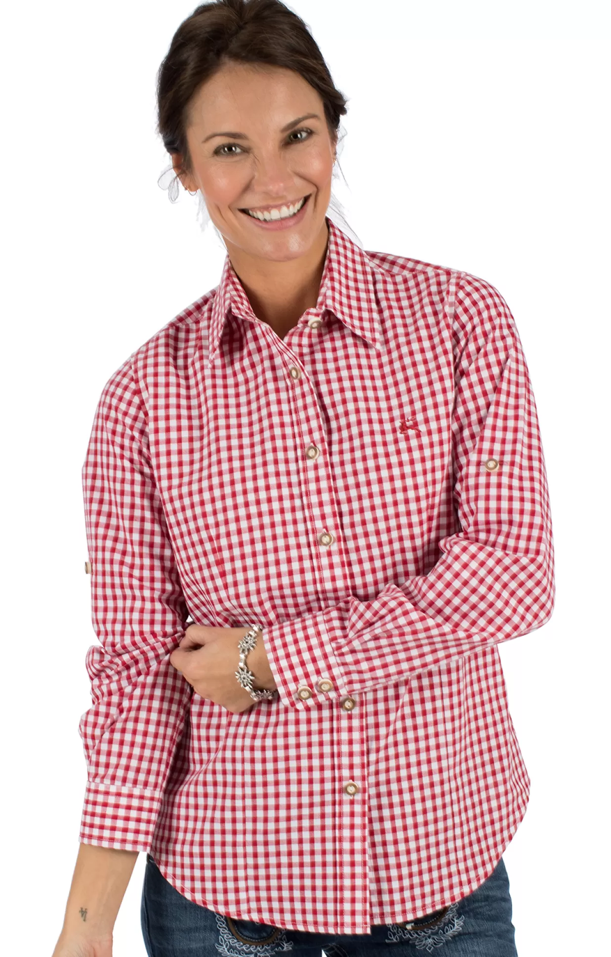 OS-Trachten Trachtenbluse Checkered Langarm Stick Rot*Damen Oberteile